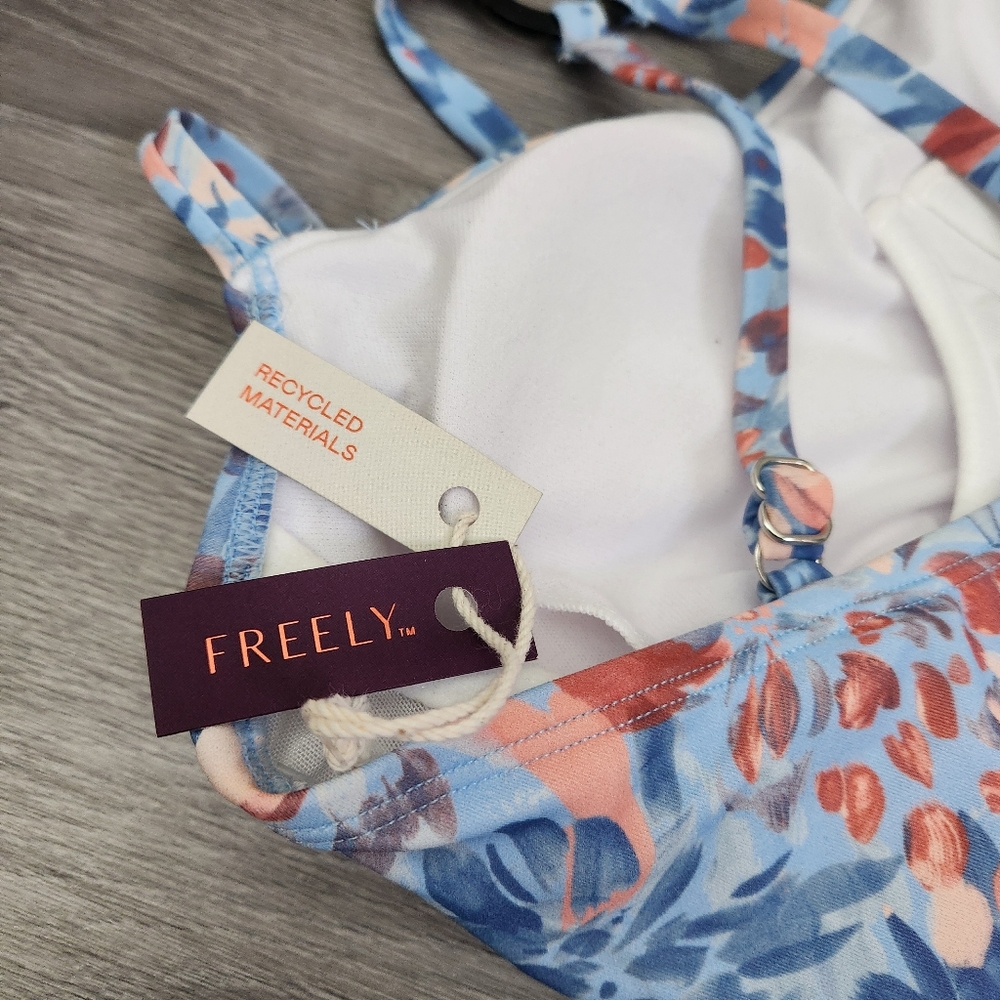 FREELY Blue Orange Swimsuit Size S Floral Ring Back One Piece Wild Flower Wired - Picture 13 of 16